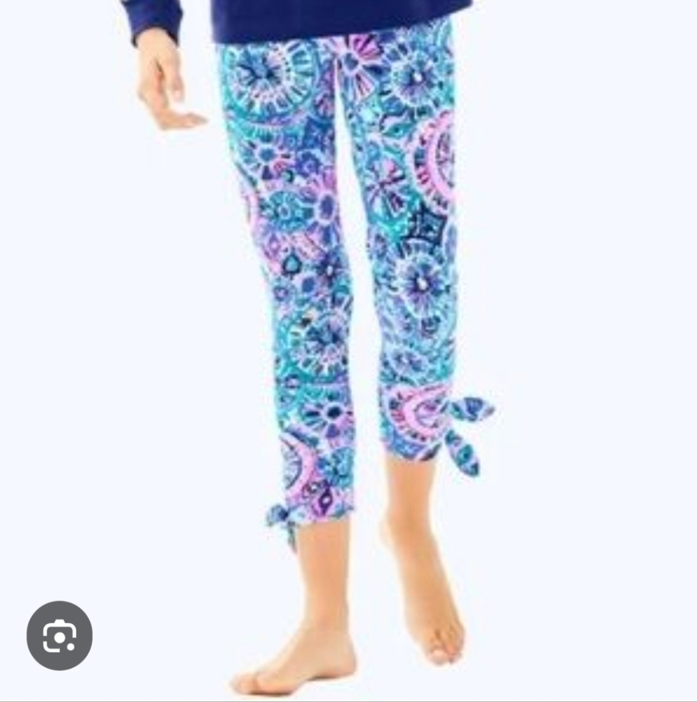 Lilly Pulitzer Girls Capri Leggings Size Xlarge Blue Pink Green Bow - Picture 5 of 8